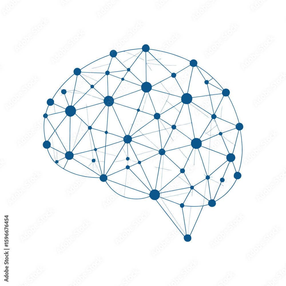 Poster brain connectivity: a digital depiction of the human brain, represented by interconnected nodes and 