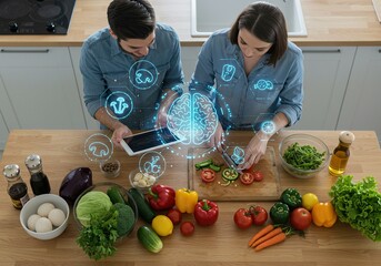 Healthy cooking with ai in a smart kitchen, couple prepares fresh food