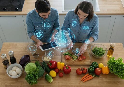 Healthy cooking with ai in a smart kitchen, couple prepares fresh food