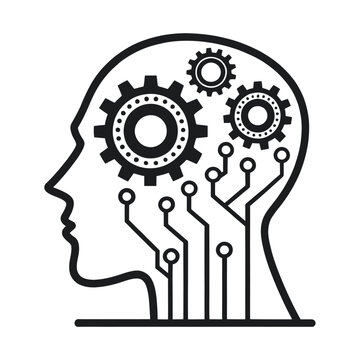 Mind and Machine: A striking monochrome illustration showcases the complex interplay between the human mind and technology, with the gear-shaped thoughts of the brain in the modern world.