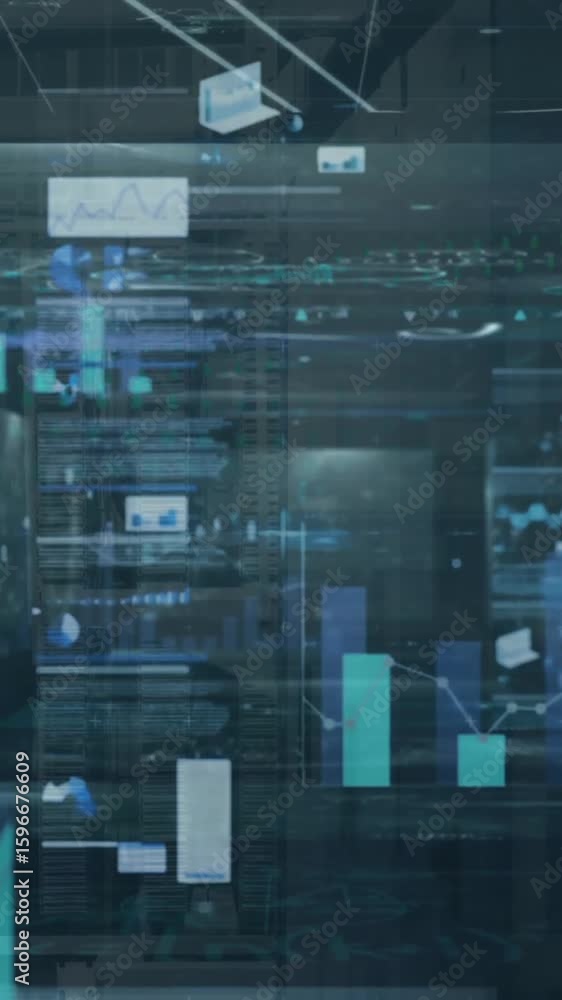 Poster animation of data processing and diagrams over server room