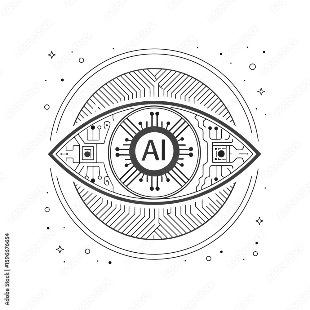 Poster artificial intelligence eye: a digital illustration featuring an eye formed by intricate circuit boa