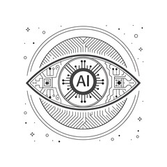 Artificial Intelligence Eye: A digital illustration featuring an eye formed by intricate circuit board patterns, symbolizing the visionary power of AI, set within a celestial framework.