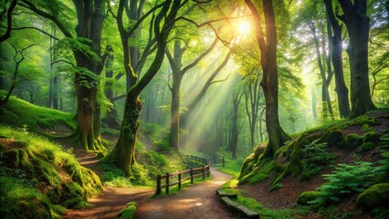 Obraz premium Rays of morning sun illuminate a misty forest path through green trees, highlighting the serene nature of the woods