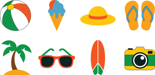 Obraz premium Summer Holiday Vector Icons Featuring Beach Balls, Ice Cream, Hats, and Flip Flops