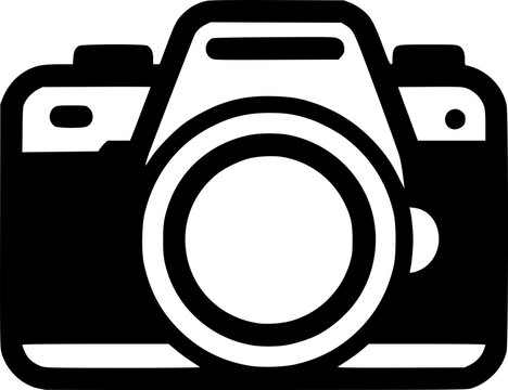 DSLR camera black silhouette vector, Simple silhouette Design vector icon with white background. A sleek, black silhouette of a DSLR SLR camera
