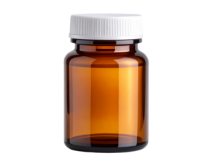 Amber Glass Medicine Bottle with White Cap, Front Centered View, isolated on transparent background.