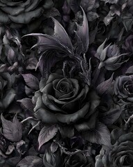 A gothic flower demon blooming from a bed of black roses, petals made of shadow and bone, hauntingly beautiful fantasy botanical wall art 