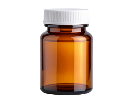 Amber Glass Medicine Bottle with White Cap, Front Centered View, isolated on transparent background.