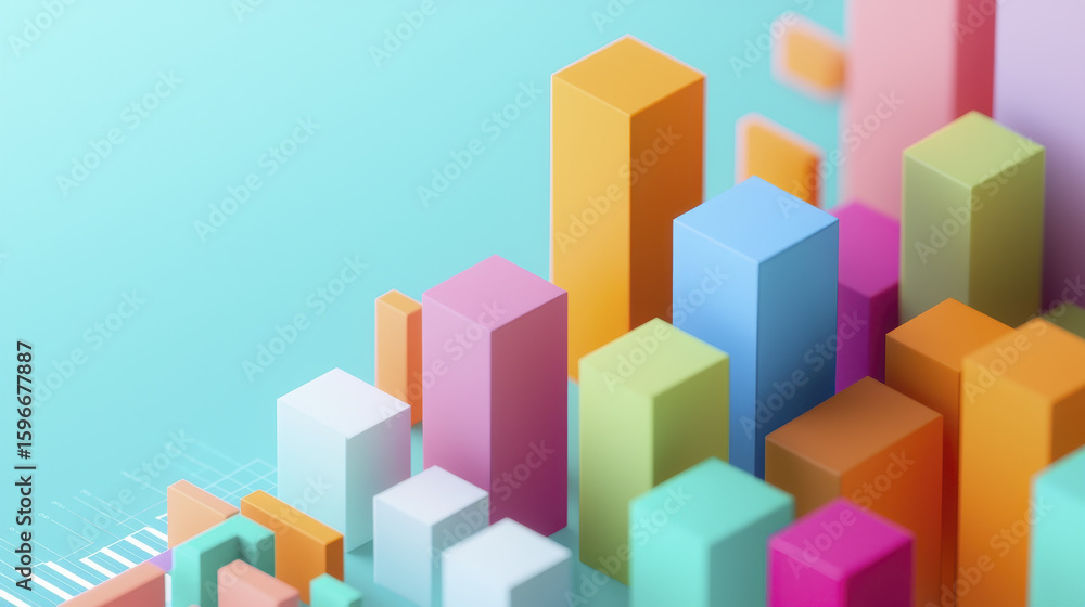 Poster colorful bar graphs and geometric shapes create vibrant visual representation of data analysis, show