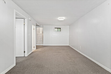 Large, empty room with a white door and a window