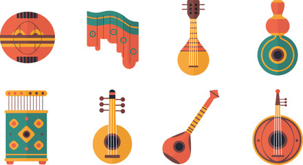 Fototapeta premium Traditional Stringed Instruments Vector Set Featuring Various Shapes and Designs