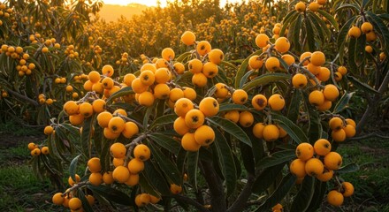 Golden loquat trees laden with fruit in sunlight