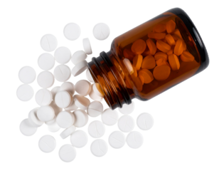Brown Medicine Bottle with Open Cap and Spilled Pills, Top Perspective, isolated on transparent background. 