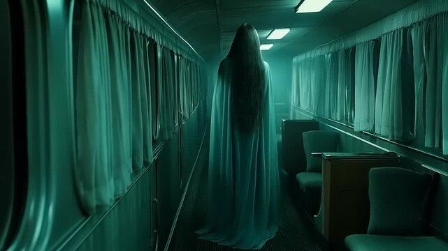 Enigmatic specter strolling along a melancholic train corridor at night