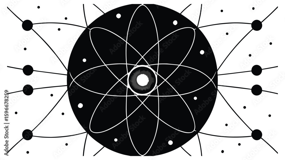 Poster abstract representation of atomic structure with orbiting electrons and a central nucleus symbolizin