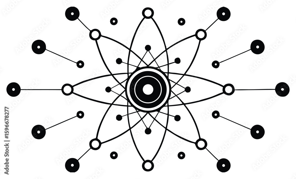 Poster abstract geometric starburst pattern with concentric circles and orbiting nodes evoking atomic struc