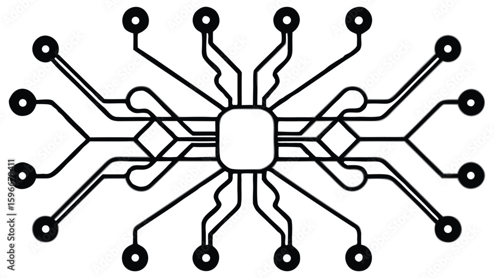 Aufkleber Stylized microchip diagram featuring a central processing unit with multiple interconnected circuitry and external connection points