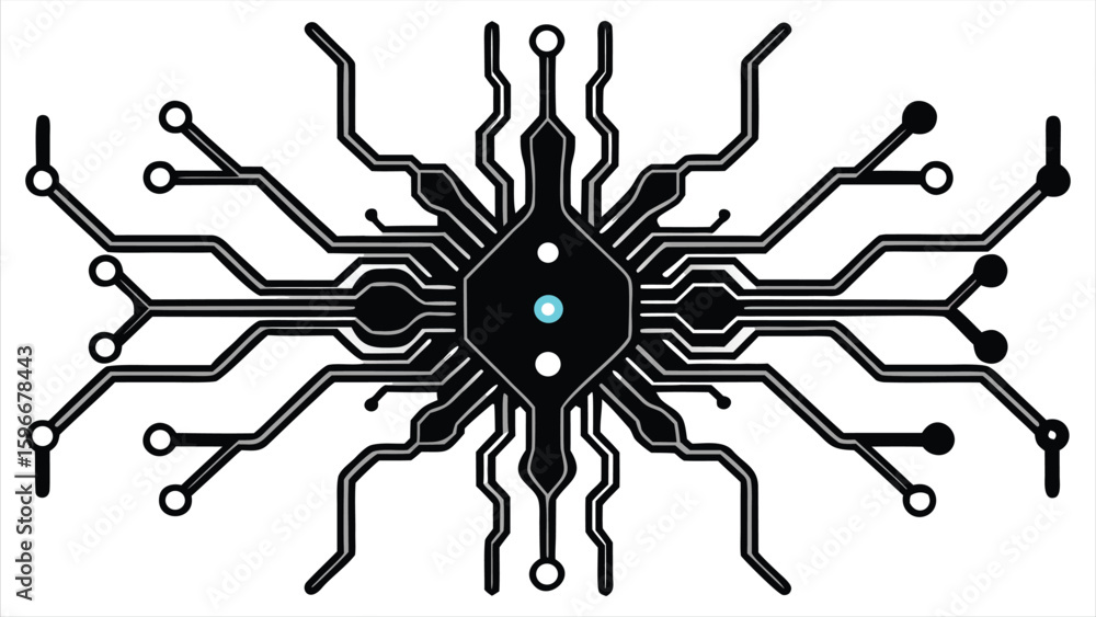 Poster intricate circuit board design with central processor and radial connections symbolizing technology 