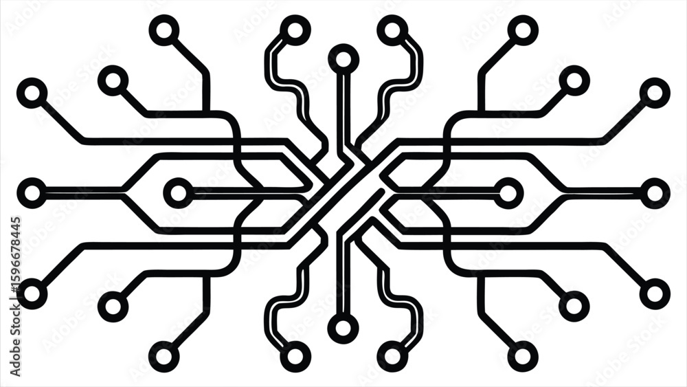 Poster intricate circuit board design with interconnected nodes and flowing lines representing data and tec