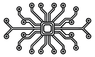 Stylized black and white illustration of a central processing unit with radiating circuit board connections symbolizing technology and connectivity