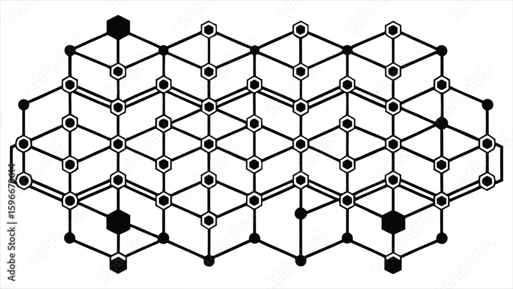 Poster abstract geometric pattern of interconnected hexagons and circles with highlighted nodes representin