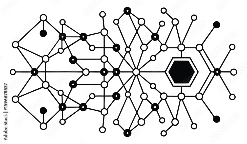 Poster intricate interconnected network of nodes and lines forming a complex geometric structure with a cen