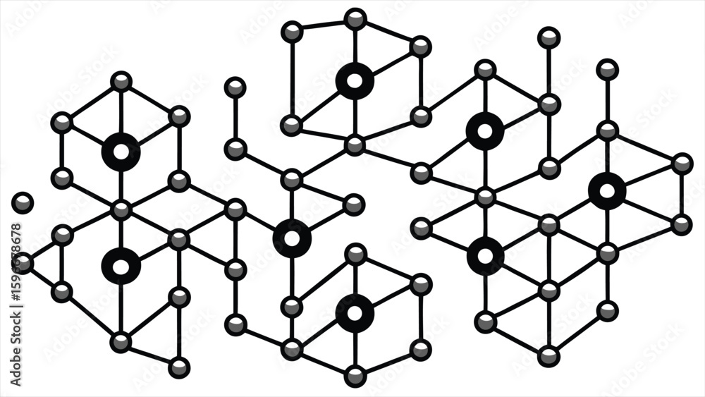 Poster abstract geometric lattice structure with interconnected nodes and highlighted central spheres repre
