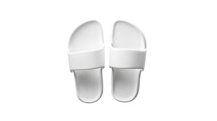 Pair of clean white slider sandals presented side by side isolated on white background