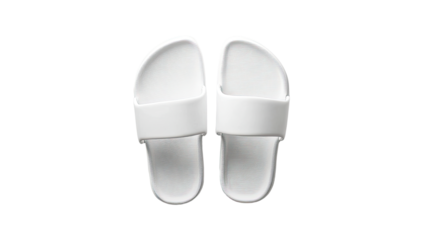 Pair of clean white slider sandals presented side by side isolated on white background