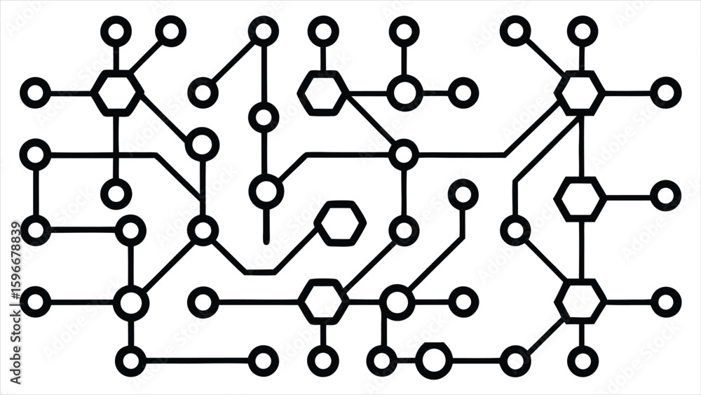 Poster abstract network diagram featuring interconnected hexagonal and circular nodes linked by lines creat