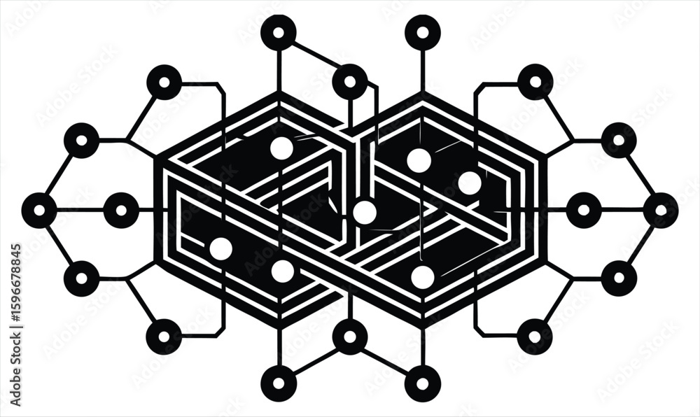Poster intricate geometric network illustration featuring interconnected hexagonal structures and radiating