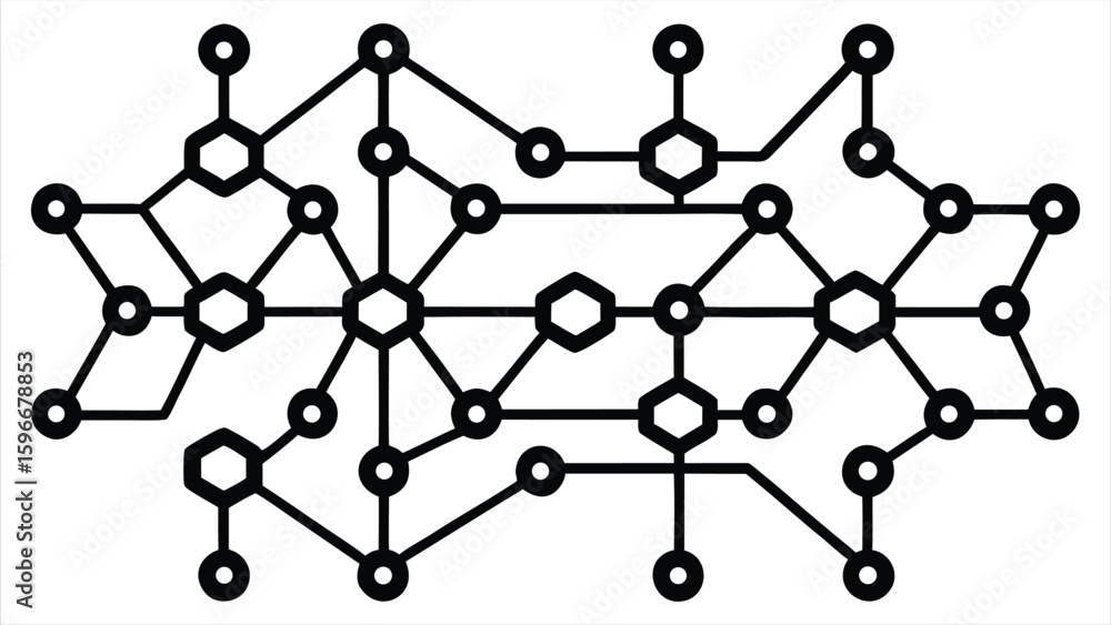 Poster intricate geometric network diagram featuring interconnected hexagons and circles illustrating a com