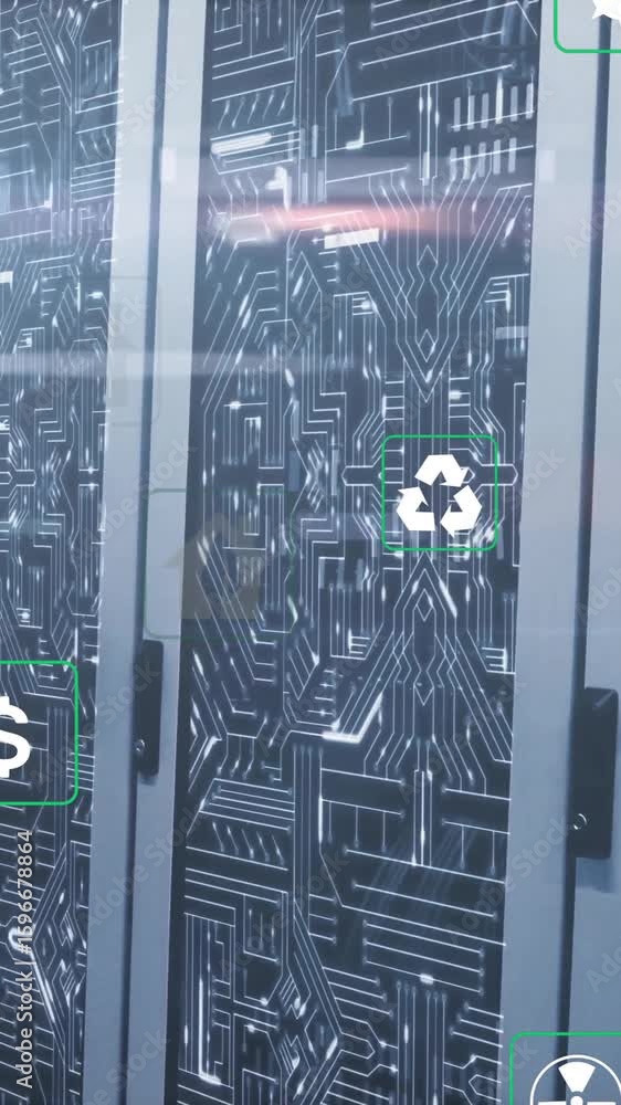 Poster animation of eco icons and digital data processing over computer servers