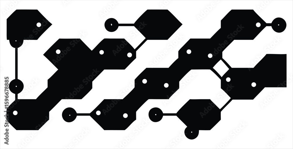 Poster abstract geometric pattern of interconnected black hexagons and circles with white dots suggesting a