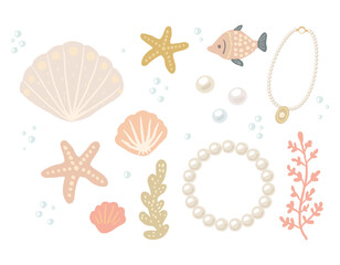 Hand drawn soft pastel color sea themed illustration, isolated mermaid core elements set.