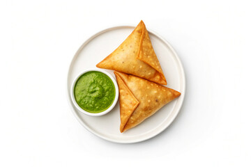 Two Golden Brown Samosas Green Chutney White Plate