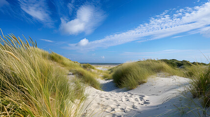 A sandy path leading to the beach with tall grass on either side under a bright blue sky with clouds