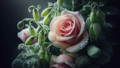 Fresh Pink Rose with Dew Drops Macro Photography