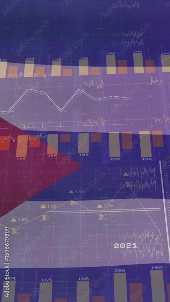 Poster animation of financial data processing over flag of cuba