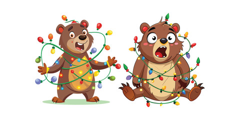 Surprised Bear Tangled in Christmas Lights Funny Holiday Vector Illustration – Cute Winter Animal Design for Festive Cards, Merchandise, and Seasonal Decorations