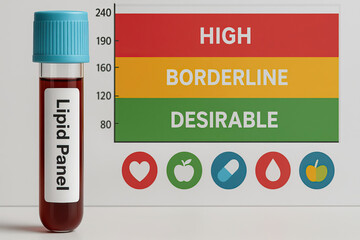 Lipid panel blood test tube with blue cap standing next to chart showing high, borderline, and desirable cholesterol levels with health icons below