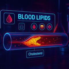 Blood lipids concept showing cholesterol buildup inside artery with glowing digital medical interface and blood cells in dark background
