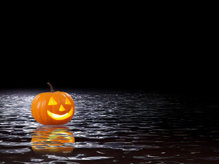 Jack o lantern glowing with smiling face floating on dark water surface reflecting light in spooky Halloween night atmosphere
