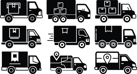 A vector collection illustrating various delivery trucks carrying packages and using navigation icons for logistics