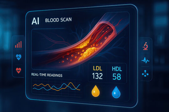 AI blood scan showing artery with plaque buildup and real time LDL and HDL cholesterol readings on futuristic medical interface
