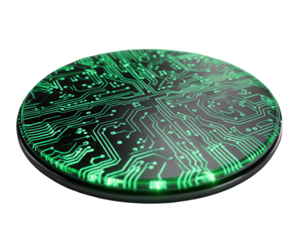 Glowing green futuristic circuit board in a circular design, detailed and intricate layout on transparent background