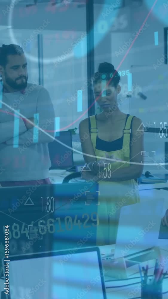 Poster animation of data processing and diagrams over diverse colleagues discussing work