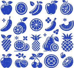 A collection of stylized blue fruit vector with a textured, stamp-like appearance. The various fruits are arranged in a pattern, highlighting their unique shapes