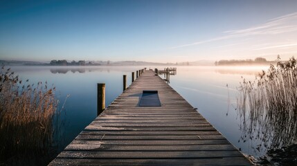 Fototapeta premium Serene Sunrise Over Mist Shrouded Lake With Wooden Dock
